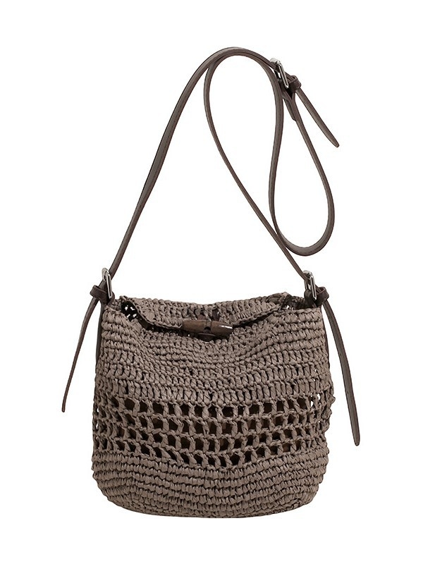 Ručne pletená taška na rameno — slama, vodorovný štvorcový tvar, zips, polyesterová podšívka