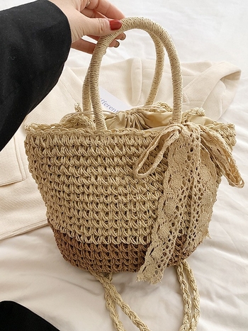 Dámska slamenná pletená taška, okrúhly tvar, bavlnený materiál, podšívka polyester-bavlna, mestský štýl, jar 2024
