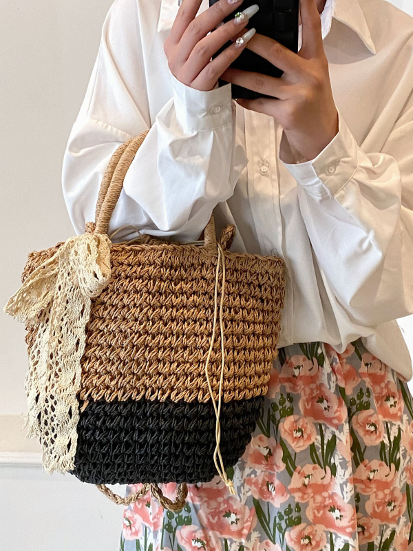 Dámska slamenná pletená taška, okrúhly tvar, bavlnený materiál, podšívka polyester-bavlna, mestský štýl, jar 2024