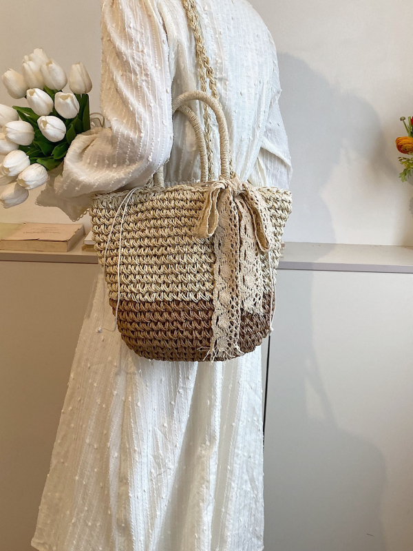Dámska slamenná pletená taška, okrúhly tvar, bavlnený materiál, podšívka polyester-bavlna, mestský štýl, jar 2024