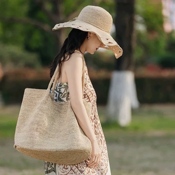 Taška z raffie, pletená, tvar vedra, s otvoreným vreckom a vreckom na telefón, bez podšívky