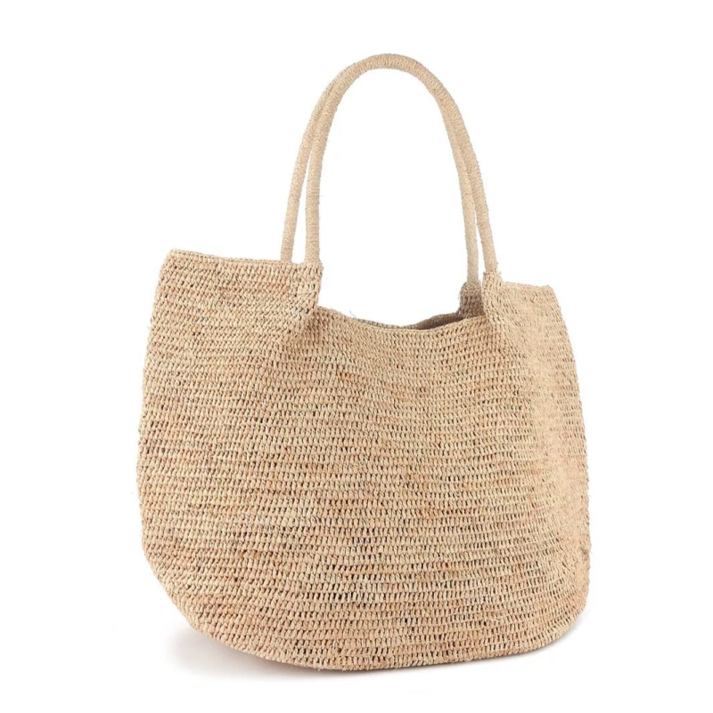 Taška z raffie, pletená, tvar vedra, s otvoreným vreckom a vreckom na telefón, bez podšívky