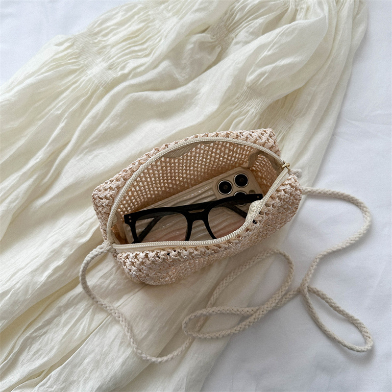 Notelli ručno pletena slamena torbica za žene, crossbody, horizontalni kvadratni oblik, zatvarač, podstava poliester, ljetni gradski stil