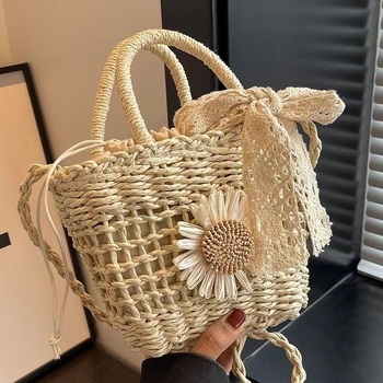 Slamnata bucket torba za slobodno vrijeme i putovanja, zatvaranje šnúrkom, stil Mix and Match