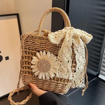 Slamnata bucket torba za slobodno vrijeme i putovanja, zatvaranje šnúrkom, stil Mix and Match