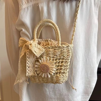 Slamnata bucket torba za slobodno vrijeme i putovanja, zatvaranje šnúrkom, stil Mix and Match