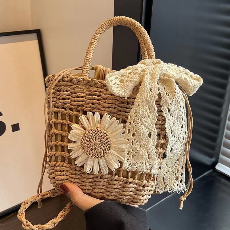 Slamnata bucket torba za slobodno vrijeme i putovanja, zatvaranje šnúrkom, stil Mix and Match