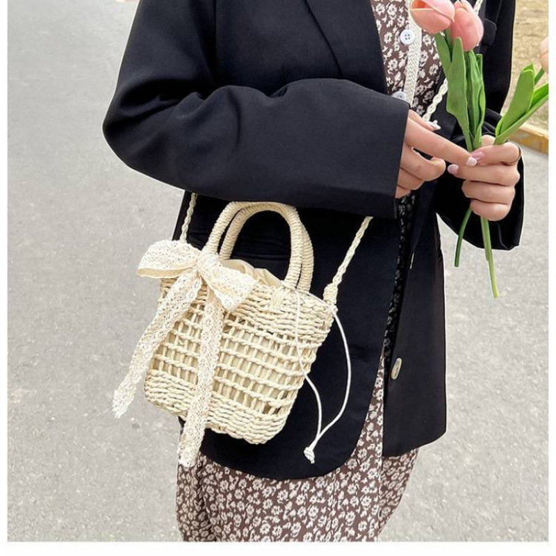 Slamnata bucket torba za slobodno vrijeme i putovanja, zatvaranje šnúrkom, stil Mix and Match