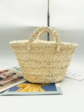 Geantă din paie, cilindrică, împletită, stil Fresh and Sweet, pentru folosire zilnică, deschisă