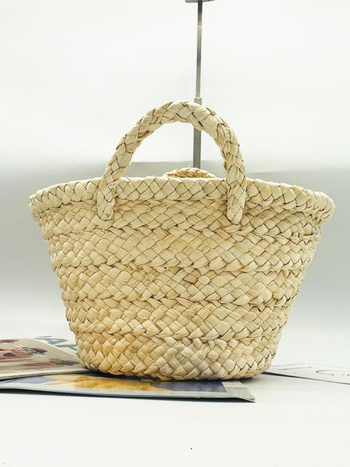Geantă din paie, cilindrică, împletită, stil Fresh and Sweet, pentru folosire zilnică, deschisă