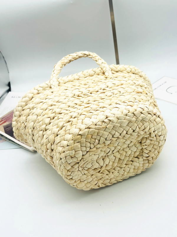 Geantă din paie, cilindrică, împletită, stil Fresh and Sweet, pentru folosire zilnică, deschisă