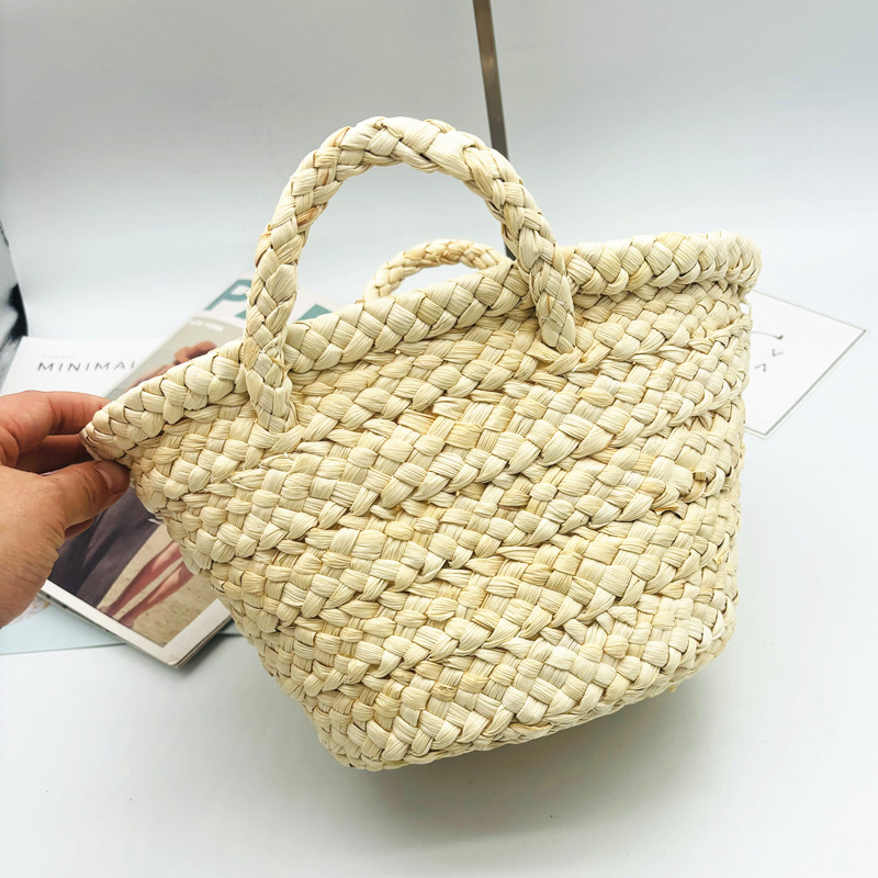 Geantă din paie, cilindrică, împletită, stil Fresh and Sweet, pentru folosire zilnică, deschisă