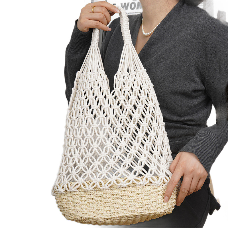 Szövött Tote táska (anyag: pamutfonal + papírszál; stílus: szövött; bélés: poliészter-pamut; fül: dupla fogantyú; szezon: 2025 nyár)
