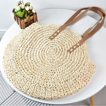 Kórejsky-inšpirovaná mestská minimalistická slamenná taška cez rameno, kruhový tvar, zips, ručne vyrobená