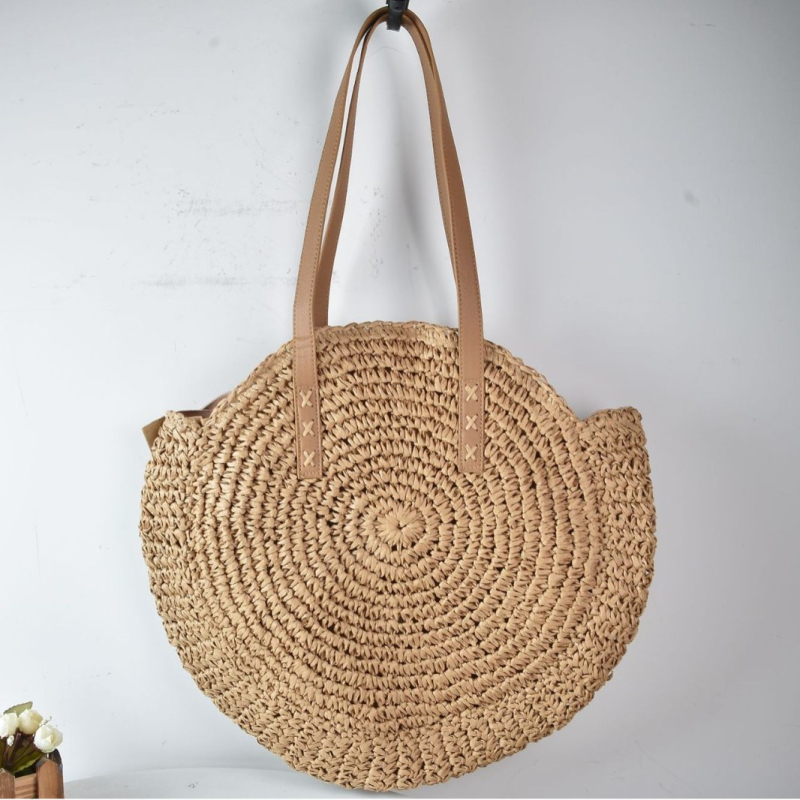 Kórejsky-inšpirovaná mestská minimalistická slamenná taška cez rameno, kruhový tvar, zips, ručne vyrobená