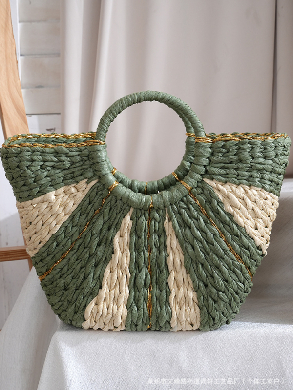 Szalmából készült tote táska, nagy kapacitású, nyitott felső rész, vízszintes négyzet alakú, belső zseb telefonhoz