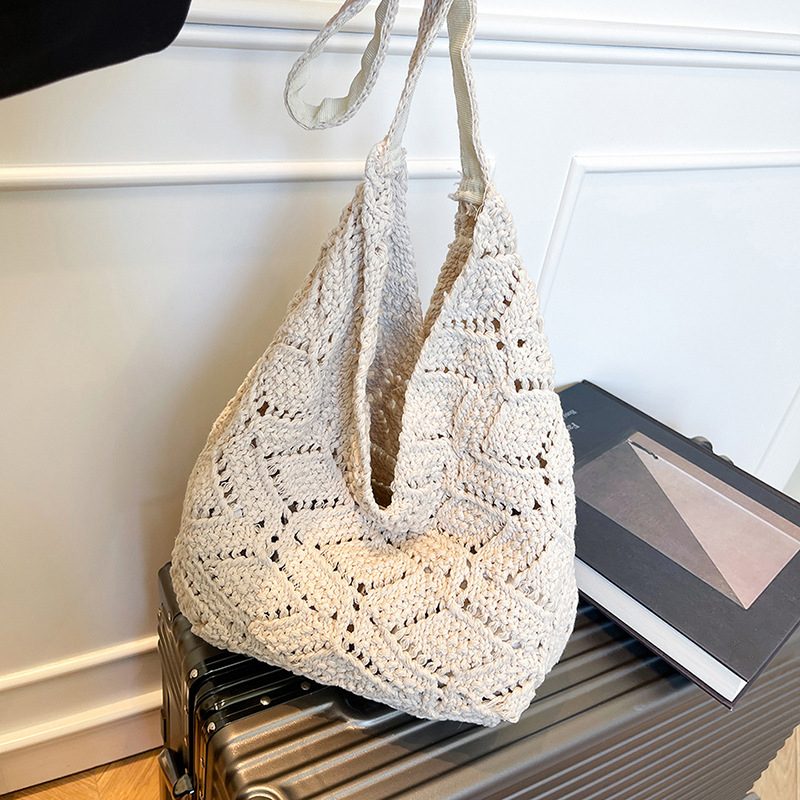 Geantă de umăr țesută, cu formă ovală, buzunar pentru telefon și curea de umăr