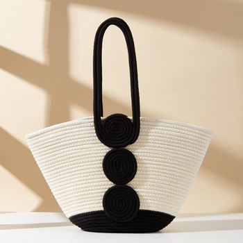 Pletená taška z bavlneného vlákna, horizontálna štvorcová forma, otvorené horné, dve ramenné popruhy