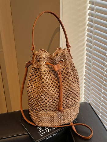 Geantă tip găleată din paie, închidere cu șnur, căptușeală poliester, curea simplă, pentru uz zilnic