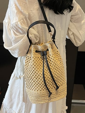 Geantă tip găleată din paie, închidere cu șnur, căptușeală poliester, curea simplă, pentru uz zilnic