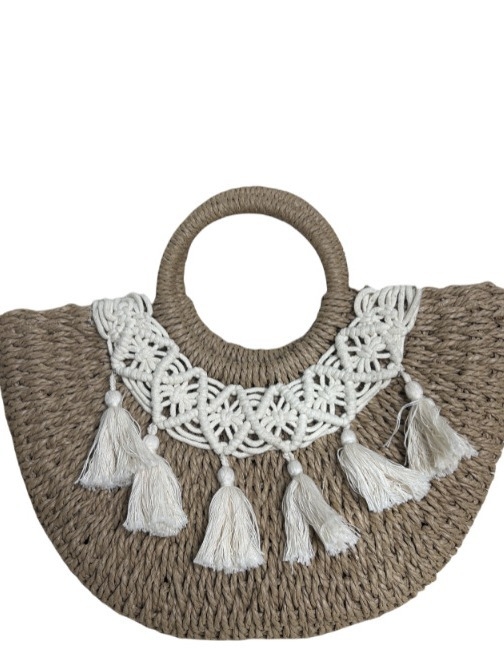 Encounter Geantă semi-circulară cu ciucuri din paie – Geantă de mână ovală, țesută, cu fermoar