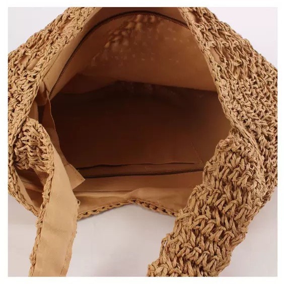 Geantă de umăr din paie, țesută manual — stil urban minimalist, formă orizontală pătrată, închidere cu fermoar, căptușeală din poliester