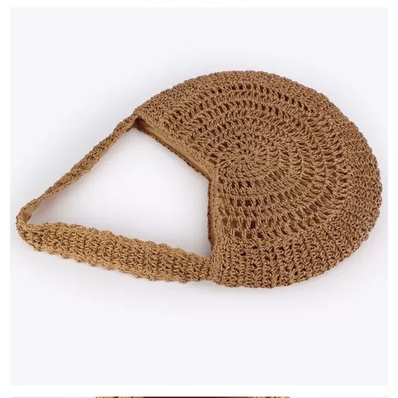 Geantă de umăr din paie, țesută manual — stil urban minimalist, formă orizontală pătrată, închidere cu fermoar, căptușeală din poliester