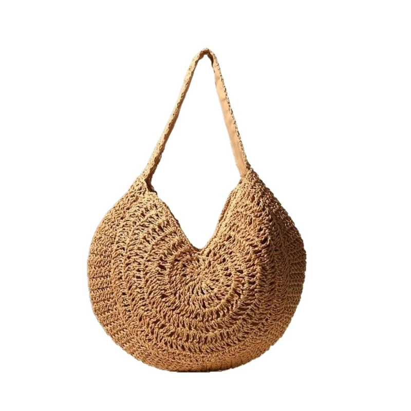 Geantă de umăr din paie, țesută manual — stil urban minimalist, formă orizontală pătrată, închidere cu fermoar, căptușeală din poliester