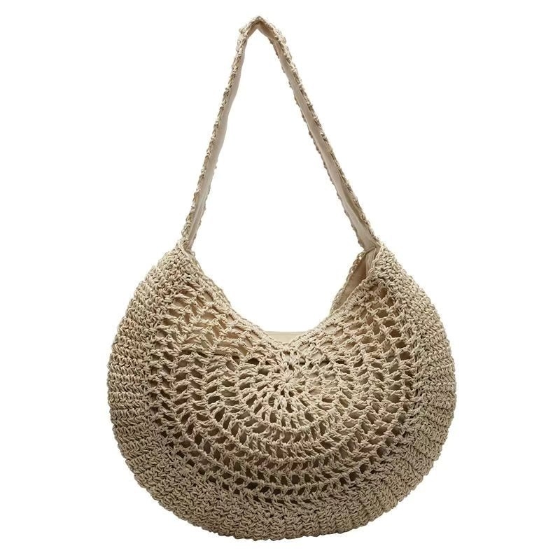 Geantă de umăr din paie, țesută manual — stil urban minimalist, formă orizontală pătrată, închidere cu fermoar, căptușeală din poliester