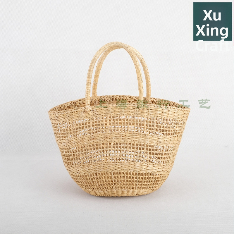 Ručne vyrobená slamenná kabelka, pletená s kruhovým rámom, mestský štýl, otvorená kapsa, bez podšívky