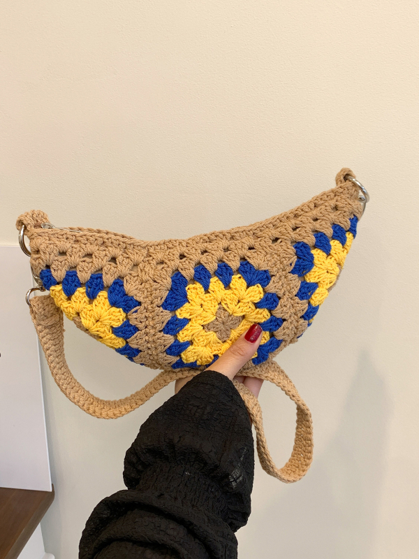 Taška – Bohemian etnický štýl, háčkovaná taška pre ženy (Materiál: bavlna a ľan; Tvar: knedľovitý; Zapínanie: zips; Vnútorná štruktúra: vrecko na telefón; Remienok: jednoramenný)