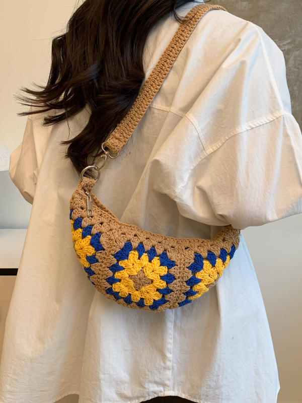 Taška – Bohemian etnický štýl, háčkovaná taška pre ženy (Materiál: bavlna a ľan; Tvar: knedľovitý; Zapínanie: zips; Vnútorná štruktúra: vrecko na telefón; Remienok: jednoramenný)