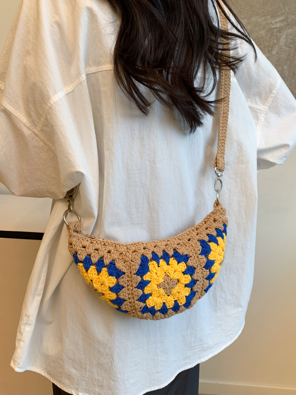 Taška – Bohemian etnický štýl, háčkovaná taška pre ženy (Materiál: bavlna a ľan; Tvar: knedľovitý; Zapínanie: zips; Vnútorná štruktúra: vrecko na telefón; Remienok: jednoramenný)