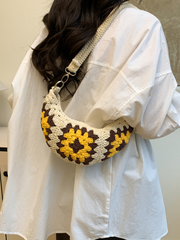 Taška – Bohemian etnický štýl, háčkovaná taška pre ženy (Materiál: bavlna a ľan; Tvar: knedľovitý; Zapínanie: zips; Vnútorná štruktúra: vrecko na telefón; Remienok: jednoramenný)