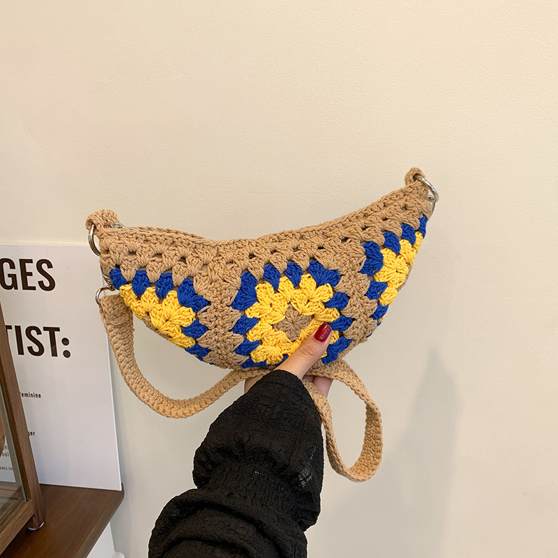 Taška – Bohemian etnický štýl, háčkovaná taška pre ženy (Materiál: bavlna a ľan; Tvar: knedľovitý; Zapínanie: zips; Vnútorná štruktúra: vrecko na telefón; Remienok: jednoramenný)