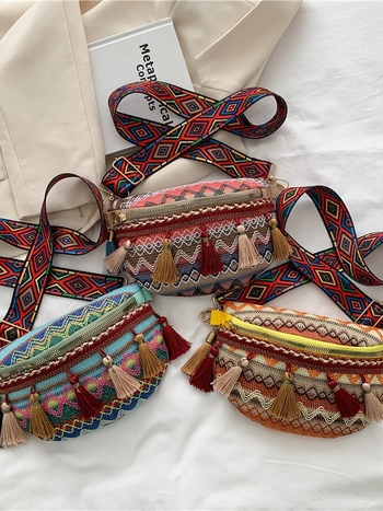 Geantă mică țesută cu ciucuri, din bumbac-len, închidere cu fermoar, căptușeală poliester, stil etnic