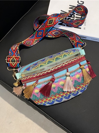 Geantă mică țesută cu ciucuri, din bumbac-len, închidere cu fermoar, căptușeală poliester, stil etnic
