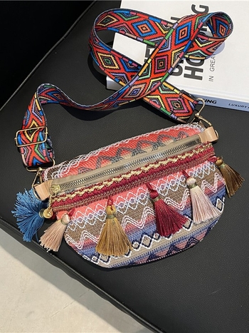 Geantă mică țesută cu ciucuri, din bumbac-len, închidere cu fermoar, căptușeală poliester, stil etnic