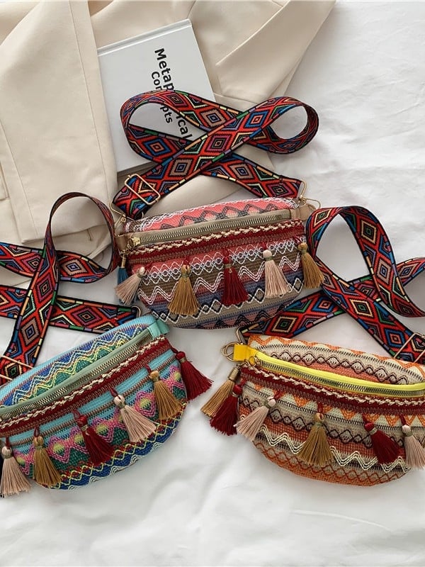 Geantă mică țesută cu ciucuri, din bumbac-len, închidere cu fermoar, căptușeală poliester, stil etnic