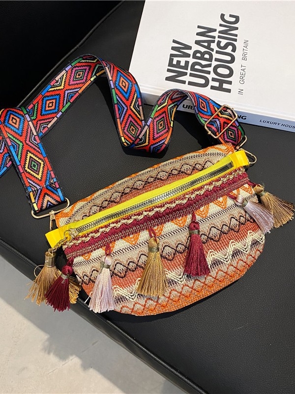 Geantă mică țesută cu ciucuri, din bumbac-len, închidere cu fermoar, căptușeală poliester, stil etnic