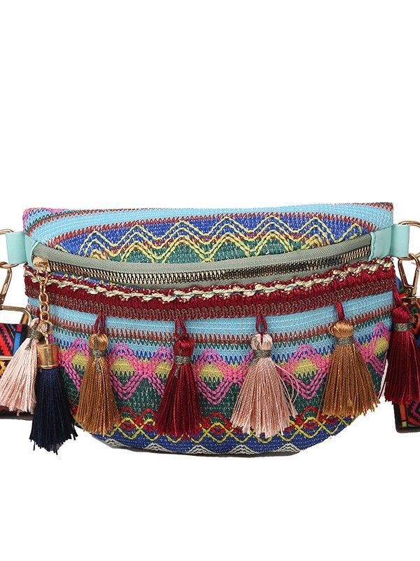 Geantă mică țesută cu ciucuri, din bumbac-len, închidere cu fermoar, căptușeală poliester, stil etnic