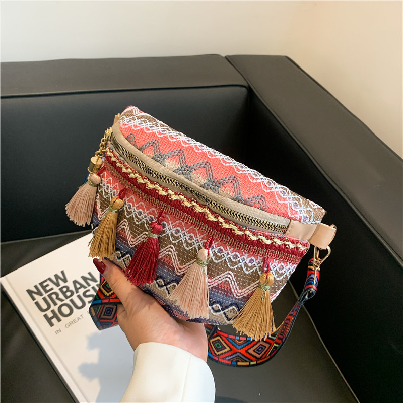 Geantă mică țesută cu ciucuri, din bumbac-len, închidere cu fermoar, căptușeală poliester, stil etnic