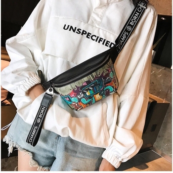 Τσαντάκι μέσης με graffiti εκτύπωση, street-style PU, κλείσιμο με φερμουάρ, χωρίς επένδυση, καθημερινή χρήση