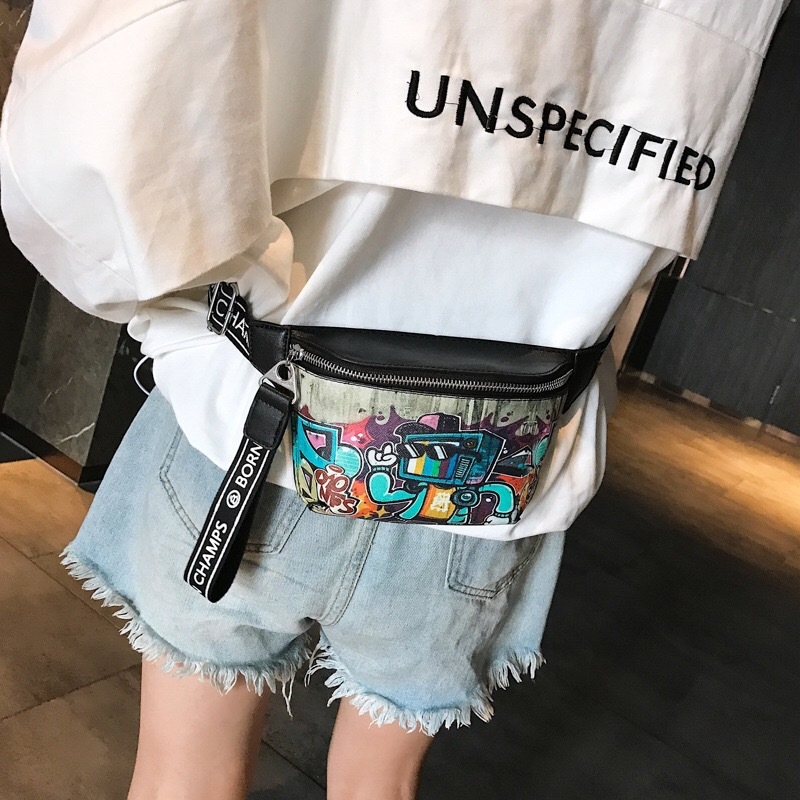 Τσαντάκι μέσης με graffiti εκτύπωση, street-style PU, κλείσιμο με φερμουάρ, χωρίς επένδυση, καθημερινή χρήση