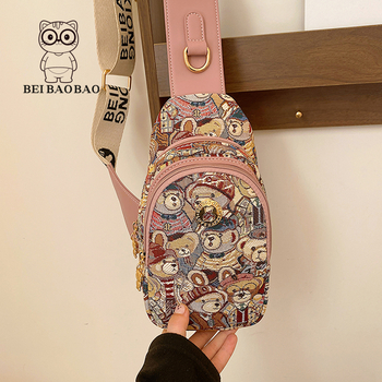 North Bag hip bag s karikaturom medvjeda, platno, ulični stil, zatvarač, unutarnji džep sa zipom, podstava od platna