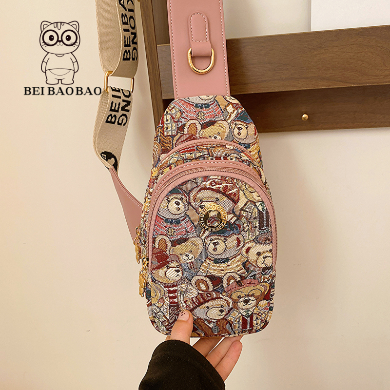 North Bag hip bag s karikaturom medvjeda, platno, ulični stil, zatvarač, unutarnji džep sa zipom, podstava od platna