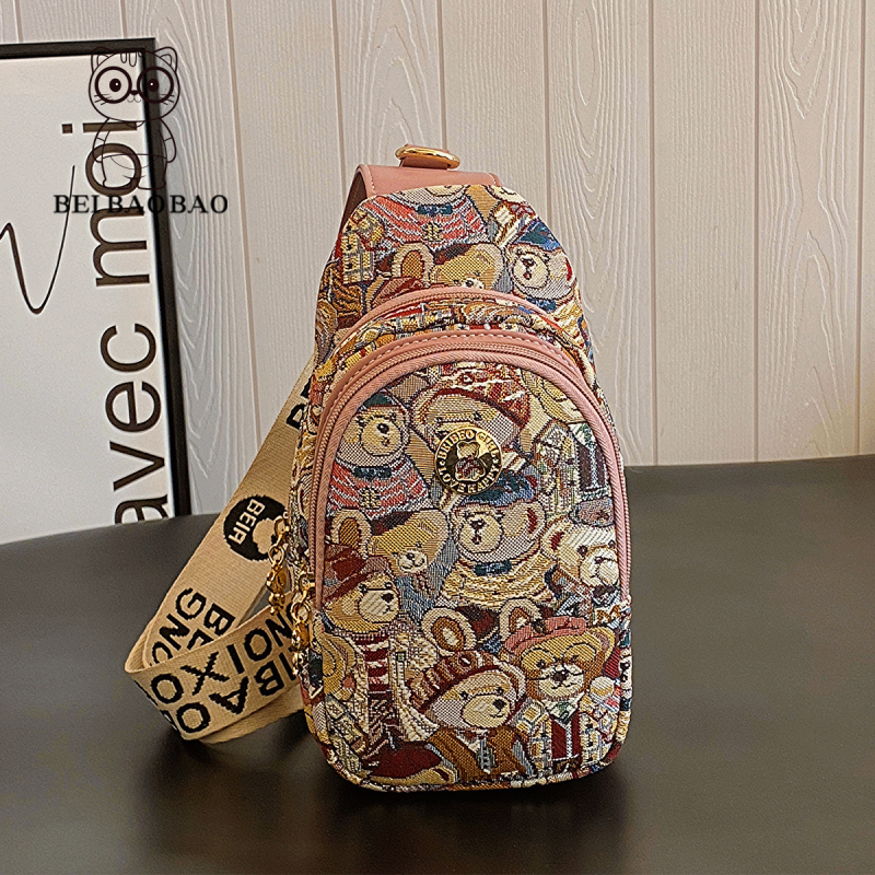 North Bag hip bag s karikaturom medvjeda, platno, ulični stil, zatvarač, unutarnji džep sa zipom, podstava od platna