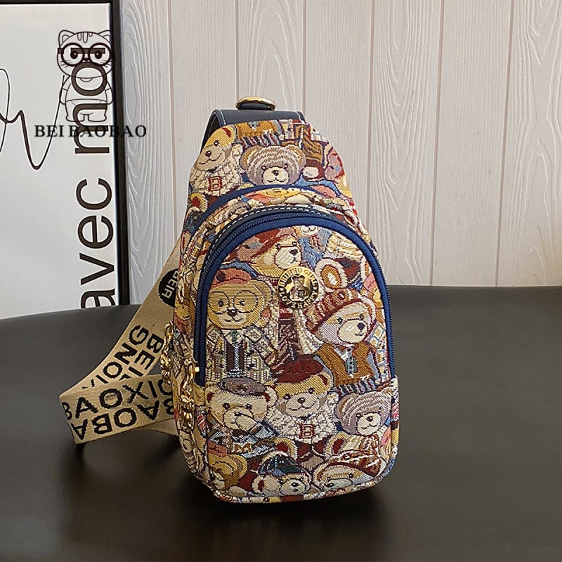 North Bag hip bag s karikaturom medvjeda, platno, ulični stil, zatvarač, unutarnji džep sa zipom, podstava od platna