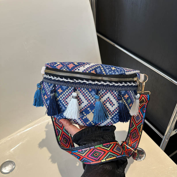 Boho crossbody torba s resama - etnički stil, proljeće 2025, zatvarač, poliesterska podstava, skriveni unutarnji džep sa zatvaračem