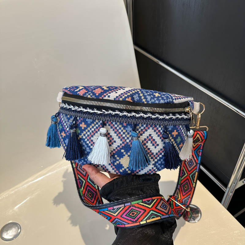 Boho crossbody torba s resama - etnički stil, proljeće 2025, zatvarač, poliesterska podstava, skriveni unutarnji džep sa zatvaračem